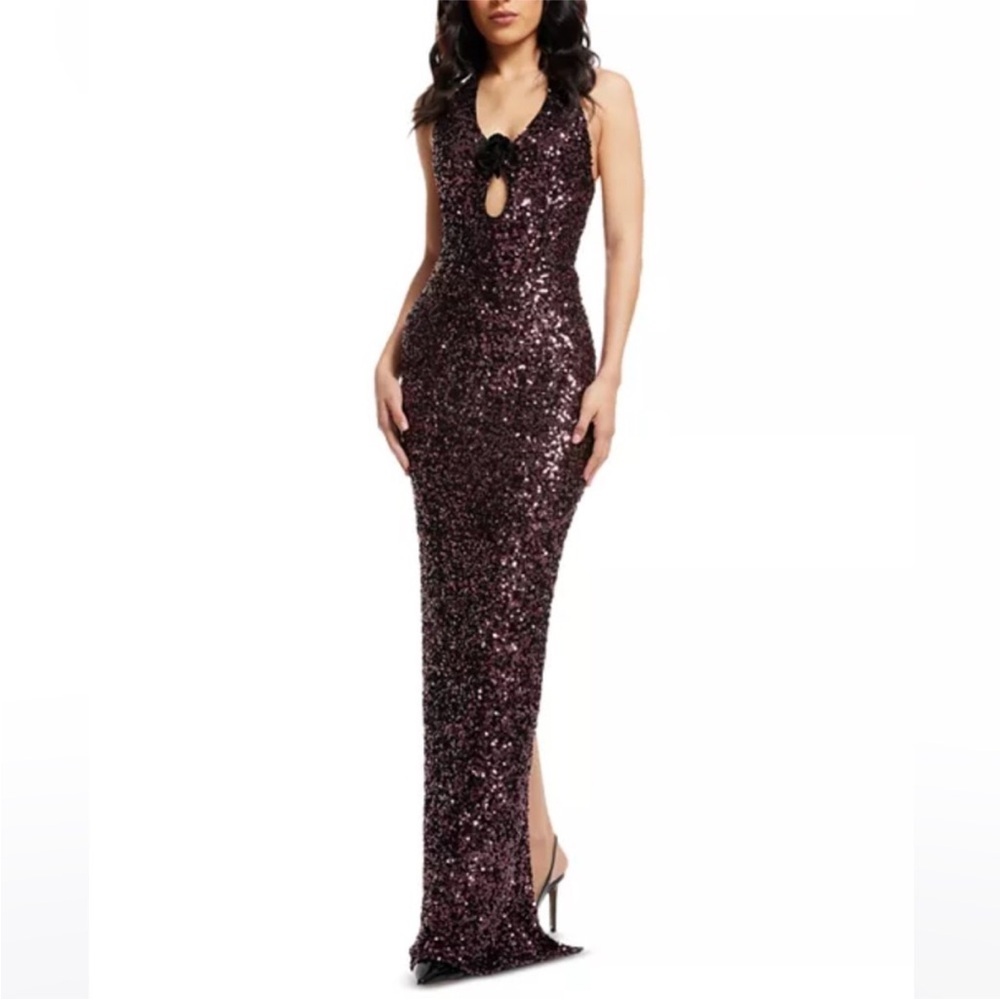 Dress the Population Priscilla Sequin Cut Out Halter Gown In Dark Plum Size xs